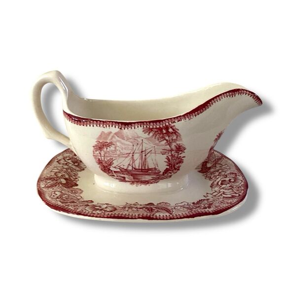 Royal Staffordshire Safe Harbour Transferware Gravy Boat Attached Plate Red Pink - Picture 1 of 7